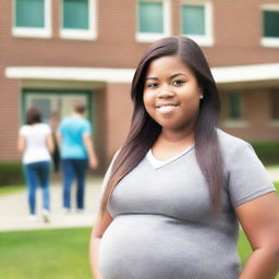 A senior high school student who is visibly pregnant, standing in front of a school building