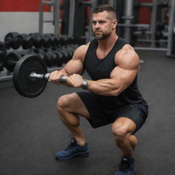 A strong individual performing a bicep curl with 50-kilogram dumbbells