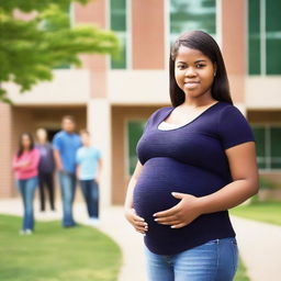 A senior high school student who is visibly pregnant, standing in front of a school building