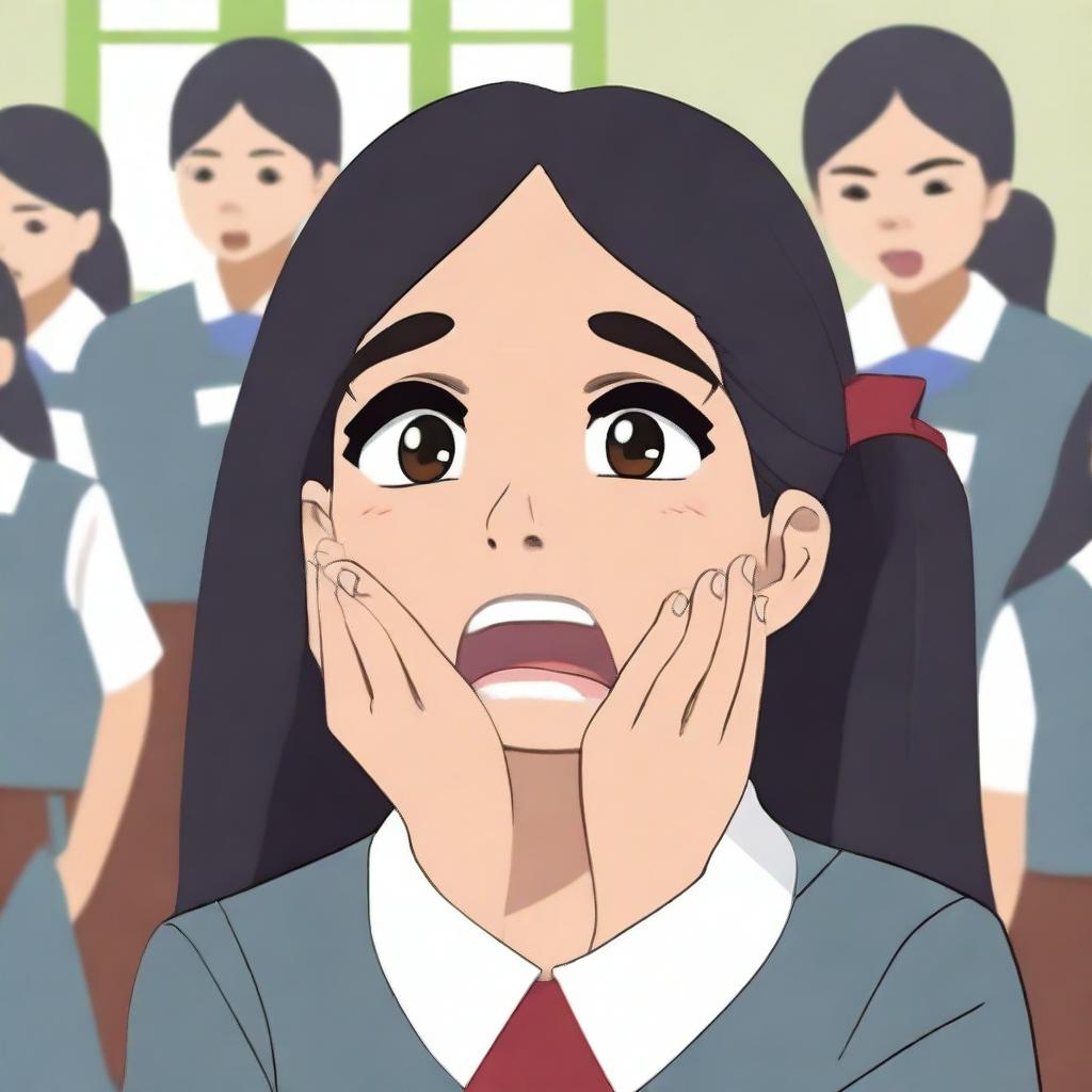 A junior high school student, a girl wearing a traditional Indonesian school uniform, is crying