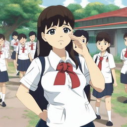 A junior high school student, a crying pregnant girl, wearing a school uniform in an Indonesian setting