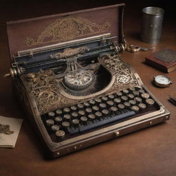 A laptop redesigned with a steampunk essence, featuring brass accents, mechanical keys, intricate gears and cog components, and a Victorian-era typewriter influence.