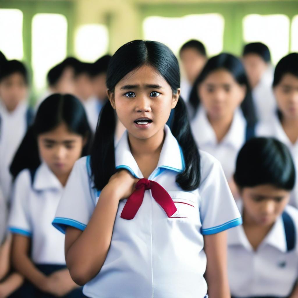 A junior high school student who is a pregnant girl, wearing an Indonesian school uniform, is crying