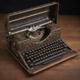 A laptop redesigned with a steampunk essence, featuring brass accents, mechanical keys, intricate gears and cog components, and a Victorian-era typewriter influence.