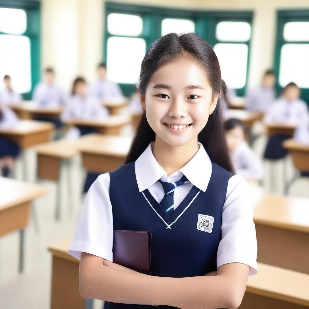 A cute Korean student in a school uniform with a glossy or shiny appearance, standing in a well-lit classroom