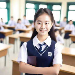 A cute Korean student in a school uniform with a glossy or shiny appearance, standing in a well-lit classroom