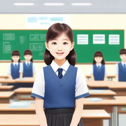 A cute Korean student in a school uniform with a glossy or shiny appearance, standing in a well-lit classroom