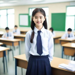 A cute Korean student in a school uniform with a glossy or shiny appearance, standing in a well-lit classroom