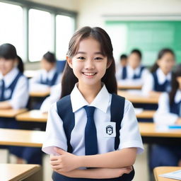 A cute Korean student in a school uniform with a glossy or shiny appearance, standing in a well-lit classroom