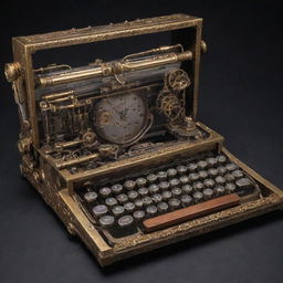 A laptop redesigned with a steampunk essence, featuring brass accents, mechanical keys, intricate gears and cog components, and a Victorian-era typewriter influence.