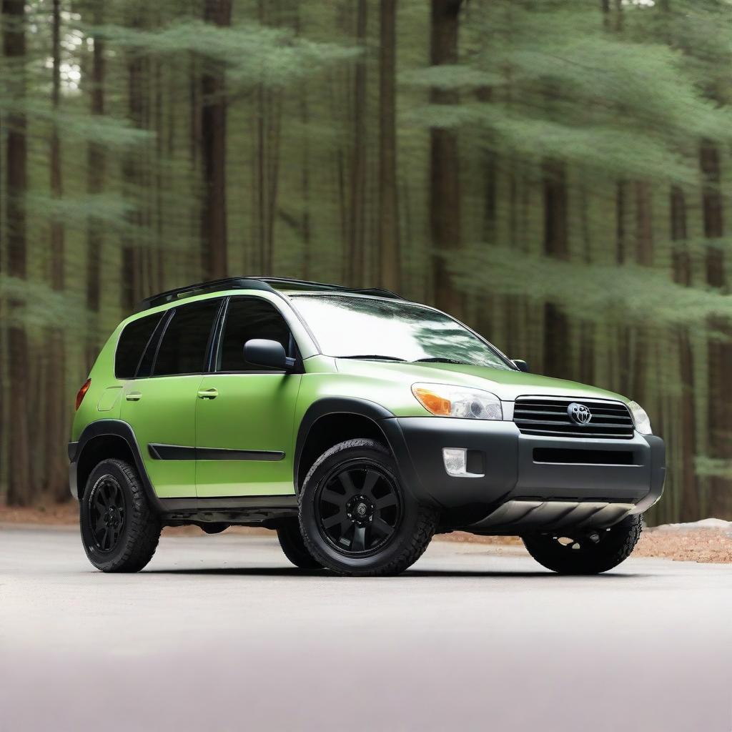 A 2005 Toyota RAV4 with a custom minimalist bodykit in matte winter moss Pantone color