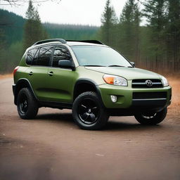 A 2005 Toyota RAV4 with a custom minimalist bodykit in matte winter moss Pantone color