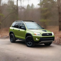 A 2005 Toyota RAV4 with a custom minimalist bodykit in matte winter moss Pantone color