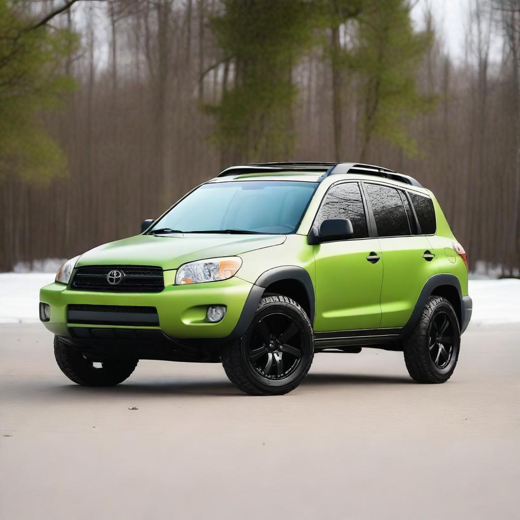 A 2005 Toyota RAV4 with a custom minimalist bodykit in matte winter moss Pantone color