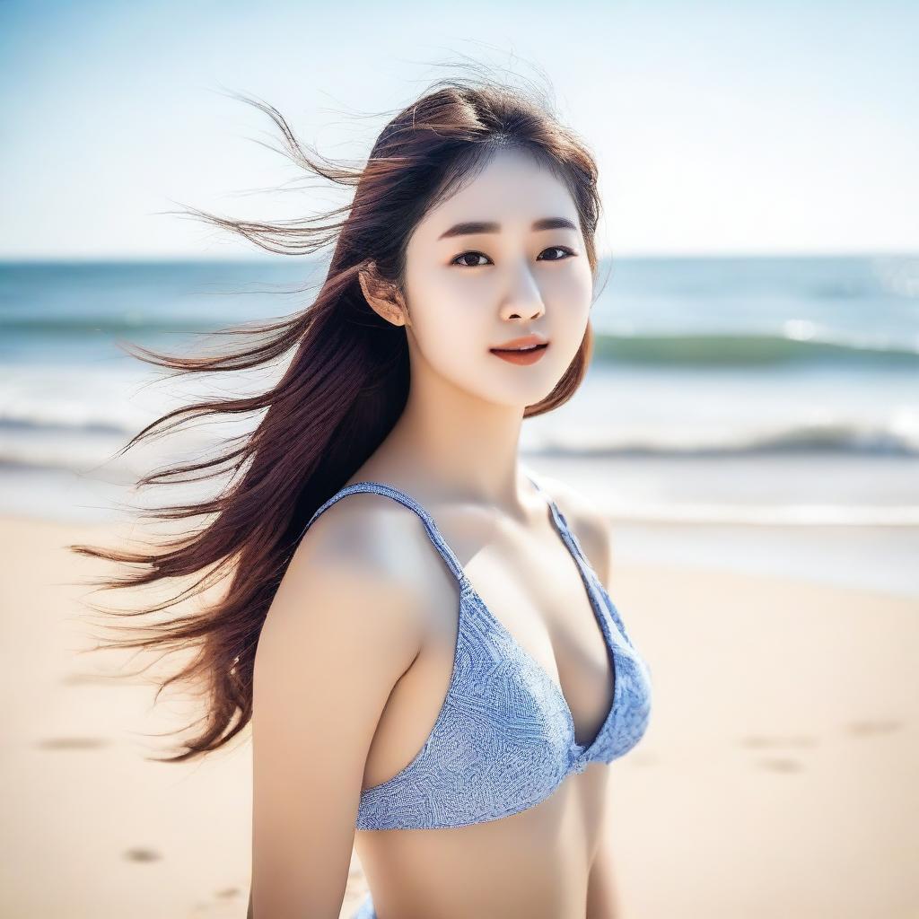 A beautiful Korean girl enjoying a sunny day on the beach, wearing a stylish swimsuit, with the ocean waves in the background and the sun shining brightly