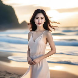 A beautiful Korean woman with a model-like physique standing on a serene beach