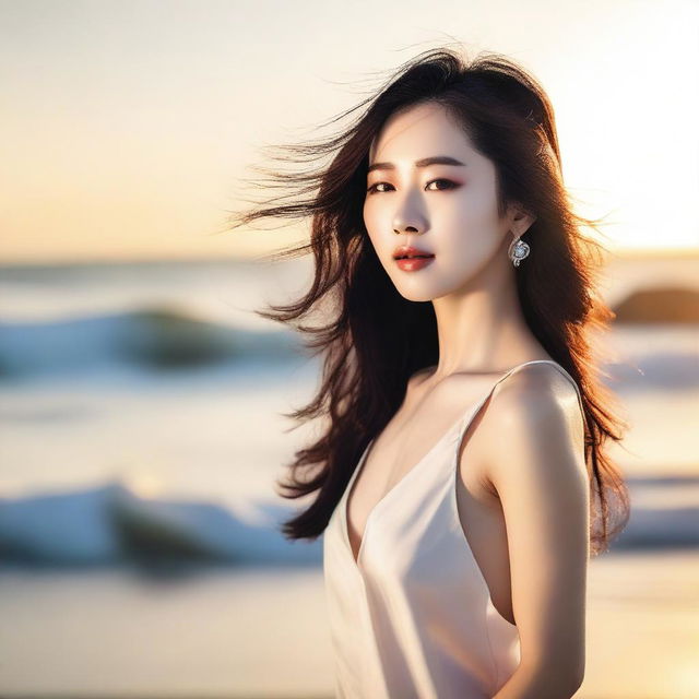 A beautiful Korean woman with a model-like physique standing on a serene beach