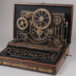 A laptop redesigned with a steampunk essence, featuring brass accents, mechanical keys, intricate gears and cog components, and a Victorian-era typewriter influence.