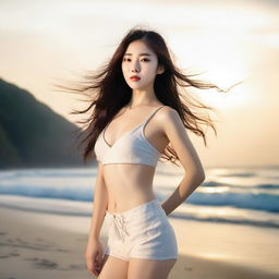 A beautiful Korean woman with a model-like physique standing on a serene beach