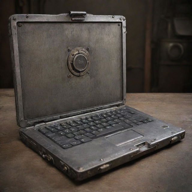 A laptop visualized in a dieselpunk theme, combining raw industrial elements, vintage aesthetics, rough metal textures, and an overall mechanical ruggedness.