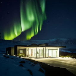 A large, modern mansion nestled in the stunning landscape of Iceland, with snowy mountains in the backdrop and the Northern Lights dancing in the night sky.