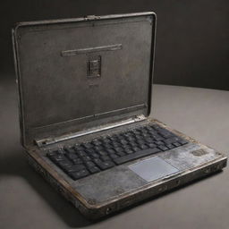 A laptop visualized in a dieselpunk theme, combining raw industrial elements, vintage aesthetics, rough metal textures, and an overall mechanical ruggedness.