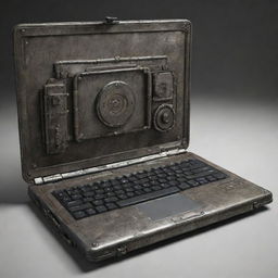 A laptop visualized in a dieselpunk theme, combining raw industrial elements, vintage aesthetics, rough metal textures, and an overall mechanical ruggedness.