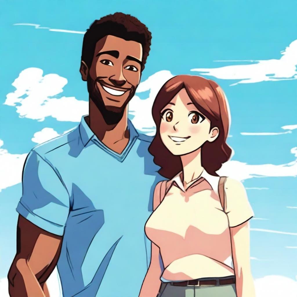 A man and a woman standing together, smiling and looking happy