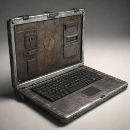 A laptop visualized in a dieselpunk theme, combining raw industrial elements, vintage aesthetics, rough metal textures, and an overall mechanical ruggedness.