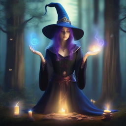 A mystical and powerful witch named Daigusto Sphreeze, dressed in elaborate and magical attire, casting a spell in a dark, enchanted forest