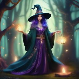 A mystical and powerful witch named Daigusto Sphreeze, dressed in elaborate and magical attire, casting a spell in a dark, enchanted forest