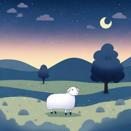 Lofi artwork of calm sheep relaxing in a field at night, seen from a distance