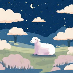 Lofi artwork of calm sheep relaxing in a field at night, seen from a distance