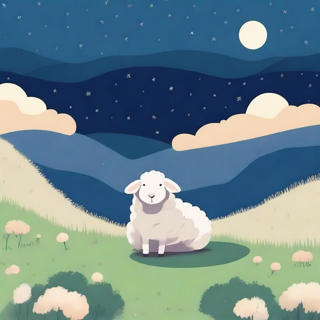 Lofi artwork of calm sheep relaxing in a field at night, seen from a distance