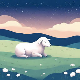 Lofi artwork of calm sheep relaxing in a field at night, seen from a distance