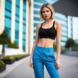 A young Russian woman with a confident and alluring expression, wearing a black crop top and very short blue pants