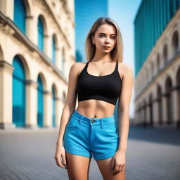 A young Russian woman with a confident and alluring expression, wearing a black crop top and very short blue pants