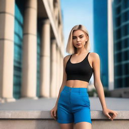 A young Russian woman with a confident and alluring expression, wearing a black crop top and very short blue pants