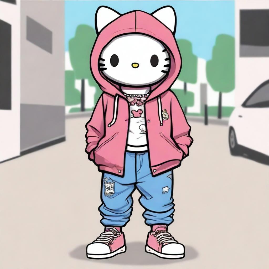 Create a male version of Hello Kitty dressed in baggy jeans, cool sneakers, and an oversized hoodie