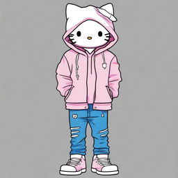 Create a male version of Hello Kitty dressed in baggy jeans, cool sneakers, and an oversized hoodie