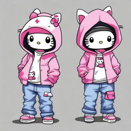 Create a male version of Hello Kitty dressed in baggy jeans, cool sneakers, and an oversized hoodie