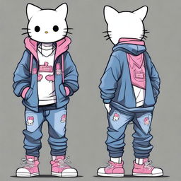 Create a male version of Hello Kitty dressed in baggy jeans, cool sneakers, and an oversized hoodie