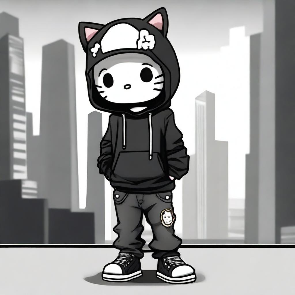 Create a male version of Hello Kitty dressed in a whole black outfit, including black baggy jeans, cool sneakers, and an oversized black hoodie