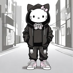 Create a male version of Hello Kitty dressed in a whole black outfit, including black baggy jeans, cool sneakers, and an oversized black hoodie