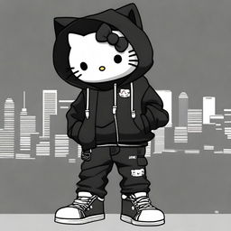 Create a male version of Hello Kitty dressed in a whole black outfit, including black baggy jeans, cool sneakers, and an oversized black hoodie