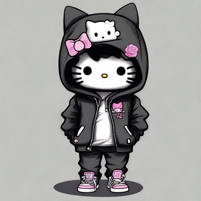 Create a male version of Hello Kitty dressed in a whole black outfit, including black baggy jeans, cool sneakers, and an oversized black hoodie