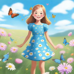 A young girl standing in a beautiful meadow with flowers and butterflies around