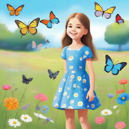 A young girl standing in a beautiful meadow with flowers and butterflies around