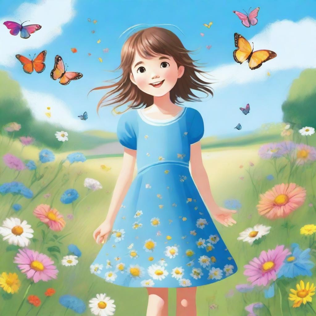 A young girl standing in a beautiful meadow with flowers and butterflies around