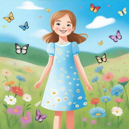 A young girl standing in a beautiful meadow with flowers and butterflies around